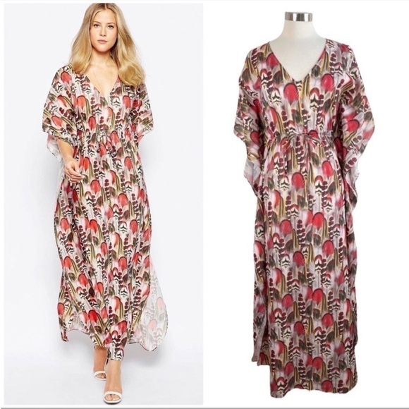 TRAFFIC PEOPLE Feather Print Caftan Maxi size XS - Picture 1 of 9